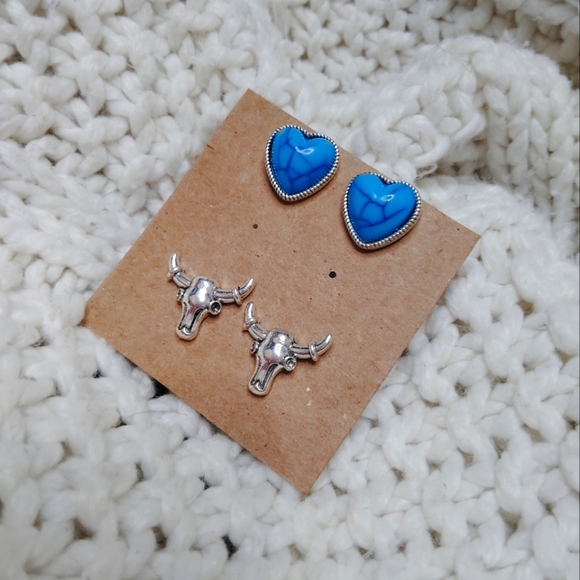 2 for $20! Blue Heart and Silver Bull womens Earrings - Picture 1 of 4
